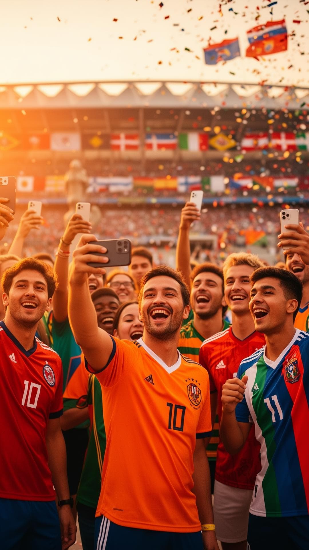 Aficionados internacionales celebrando en un estadio del Mundial de fútbol