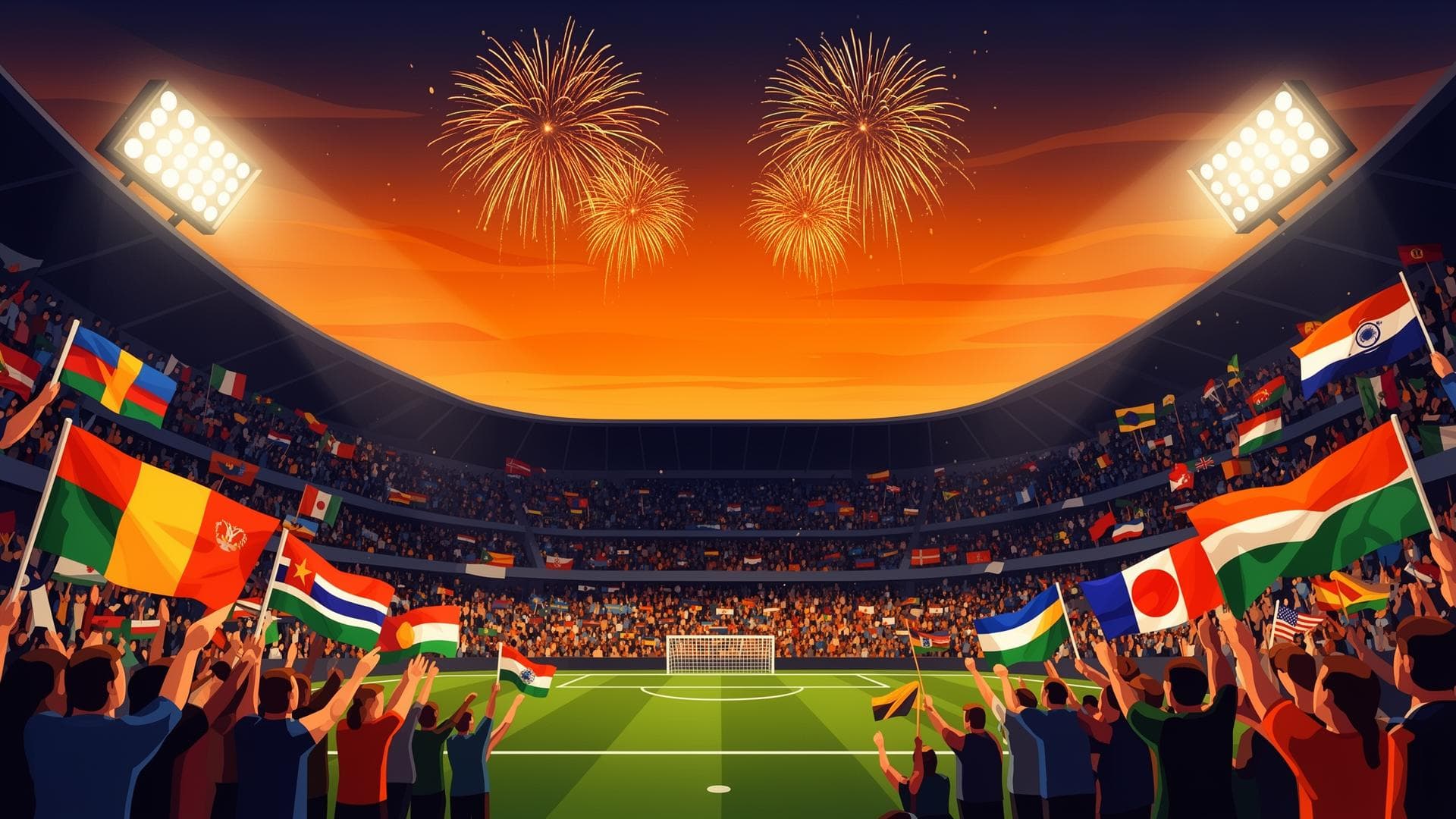 Estadio del Mundial con aficionados de todo el mundo