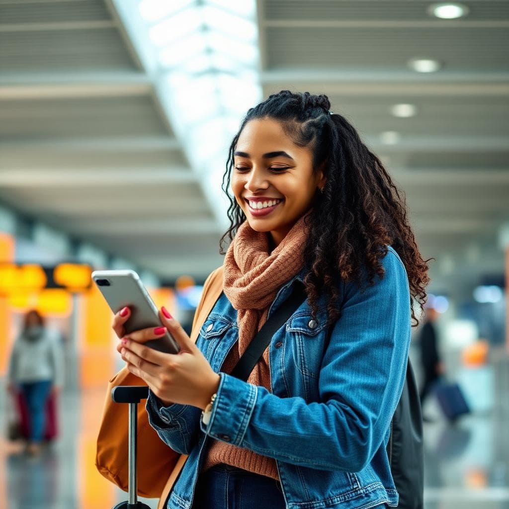 Viajera sonriente revisando su eSIM en el aeropuerto