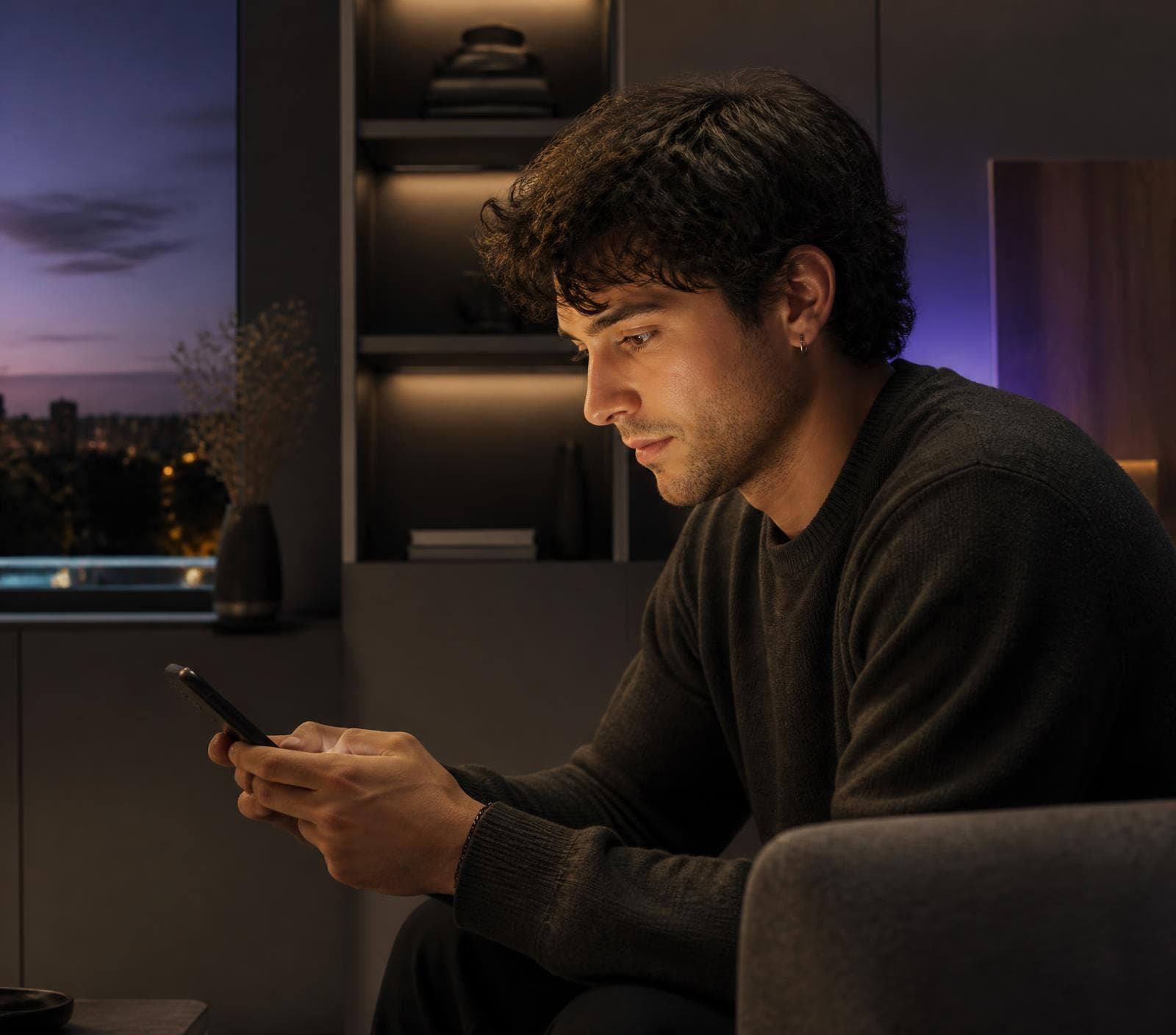 Persona usando su teléfono en un interior iluminado al atardecer