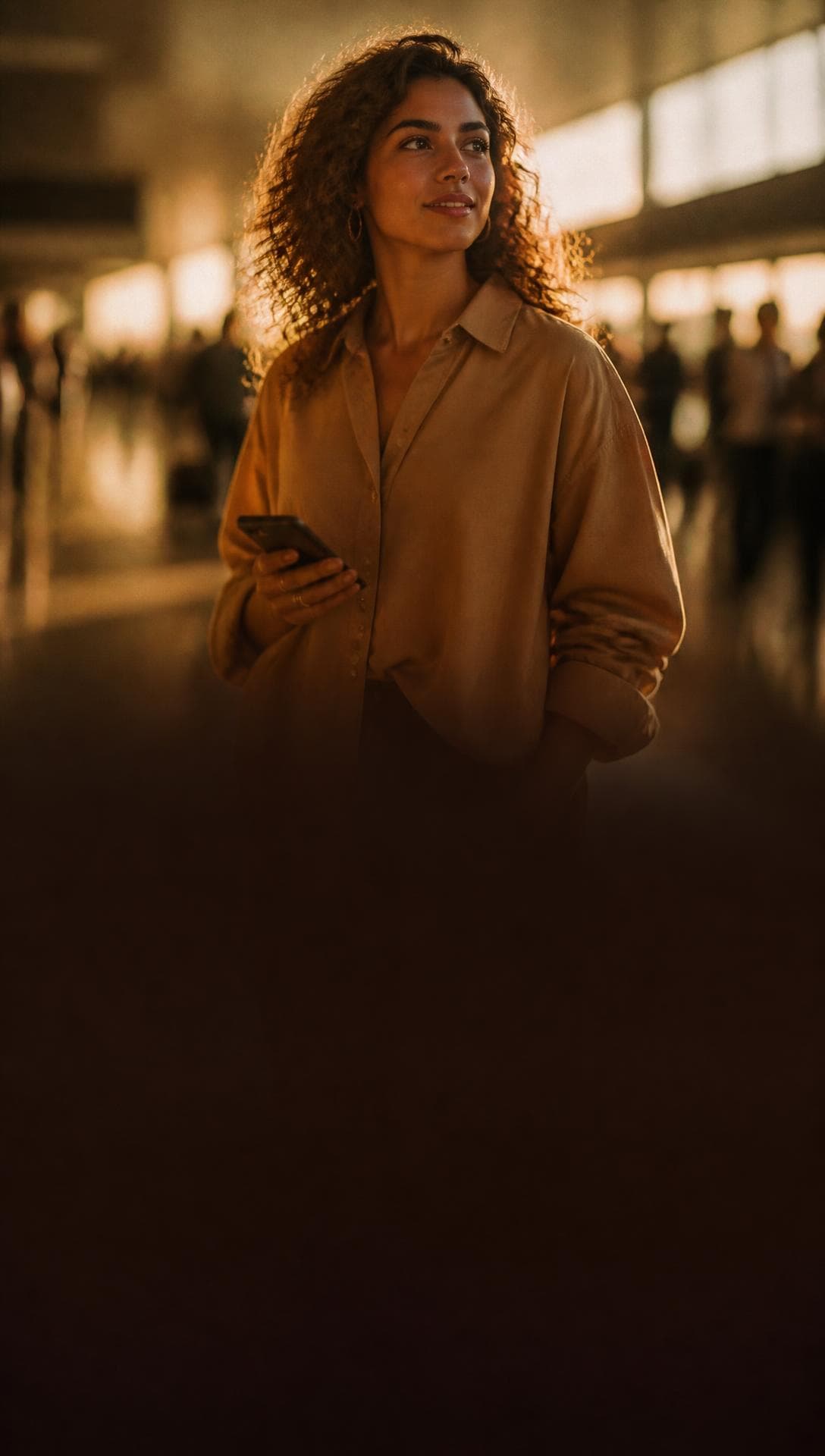 Mujer joven en una terminal, luz cálida de tarde
