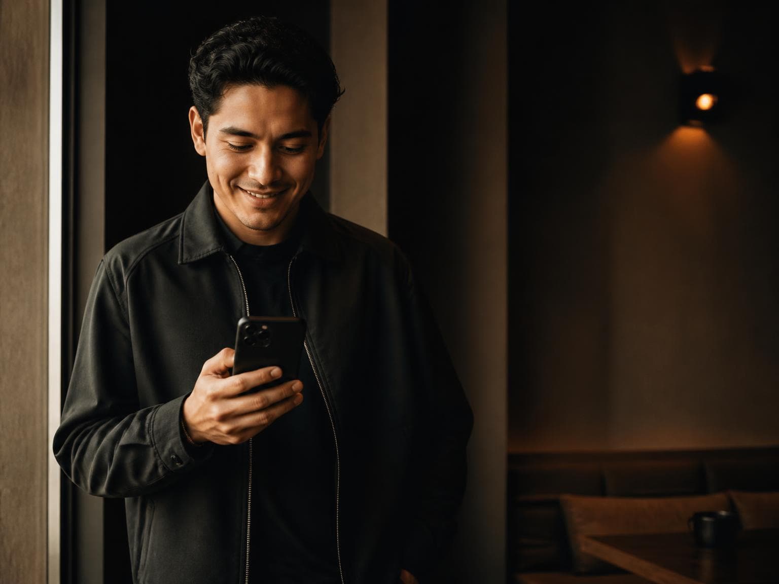 Persona sonriendo con satisfacción al recibir algo valioso en su teléfono